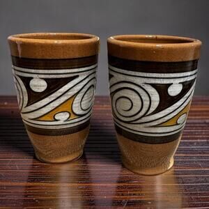 Vintage Hand Painted Panama Pottery Cups Pair